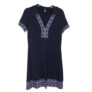 Banana Republic Wms Small Navy Blue Popover Knit Dress Floral Trim Casual